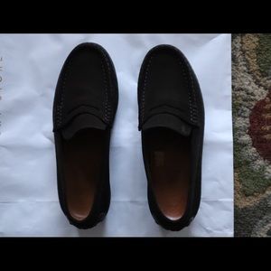 Tods dark brown suede penny loafers.